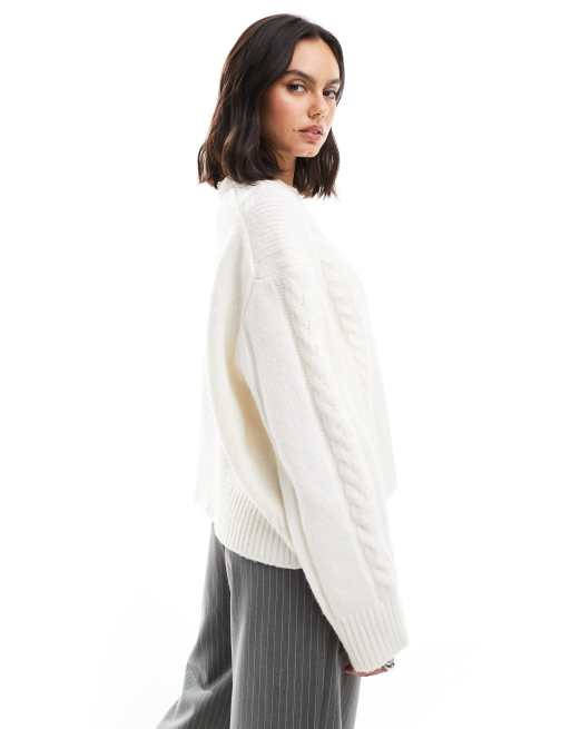ASOS DESIGN – Kremowy sweter z okrągłym dekoltem o warkoczowym splocie, 3 z 4