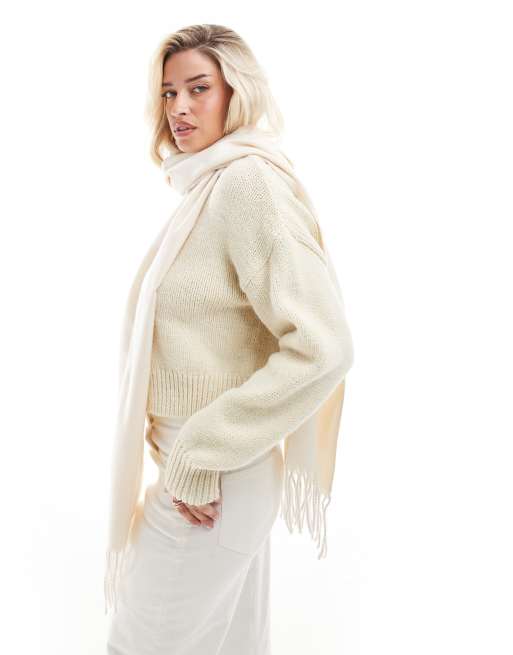 ASOS DESIGN – Kremowy szalik z tkaniny z frędzlami, 4 z 4