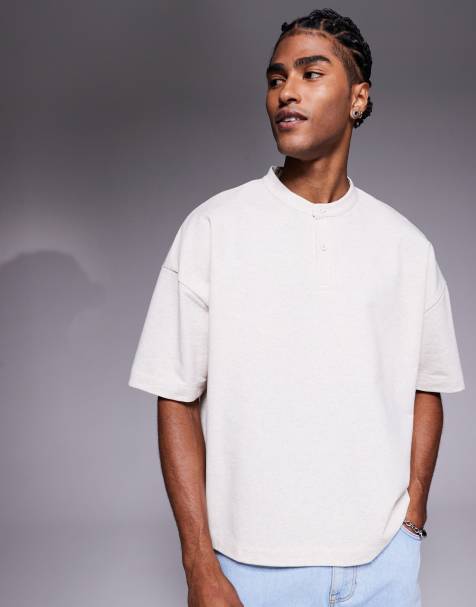 ASOS DESIGN – Kremowy T-shirt henley o pudełkowym fasonie oversize - view 1