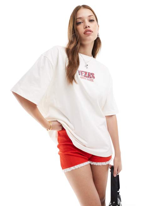ASOS DESIGN – Kremowy T-shirt o fasonie boyfriend z kowbojską grafiką z napisem „Texas”