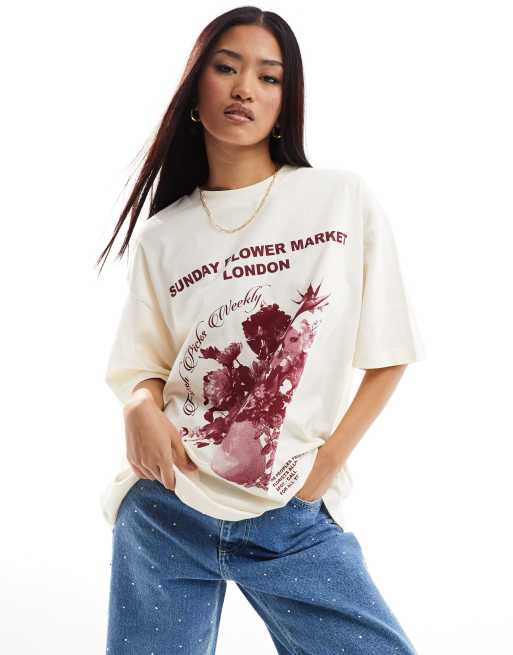 ASOS DESIGN – Kremowy T-shirt o kroju boyfriend z grafiką z kwiatami