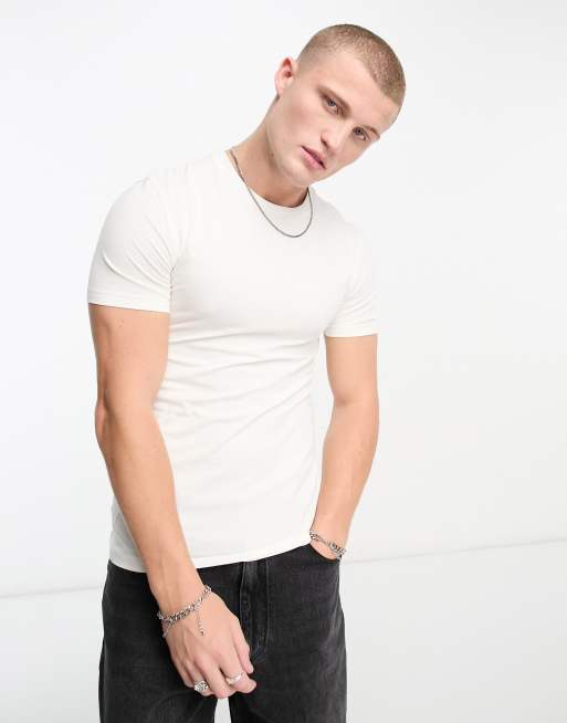 ASOS DESIGN – Kremowy T-shirt o kroju podkreślającym sylwetkę z okrągłym dekoltem