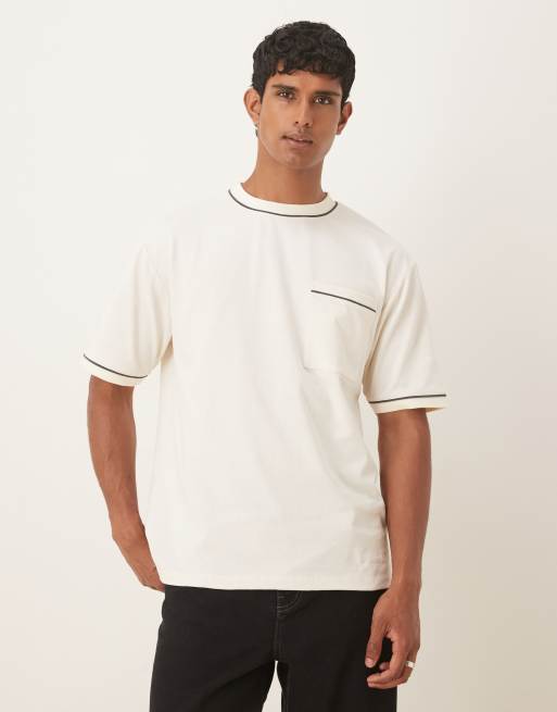 ASOS DESIGN – Kremowy T-shirt o luźnym kroju z kontrastową lamówką z grubej dzianiny o gramaturze 240g/m²