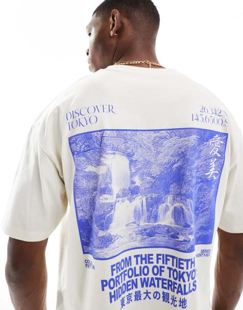 ASOS DESIGN – Kremowy T-shirt o pudełkowym kroju oversize, z grafiką z wodospadem - view 1