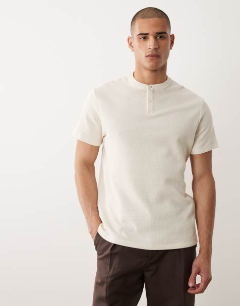 ASOS DESIGN – Kremowy T-shirt o regularnym kroju z dekoltem henley o waflowej fakturze - view 1