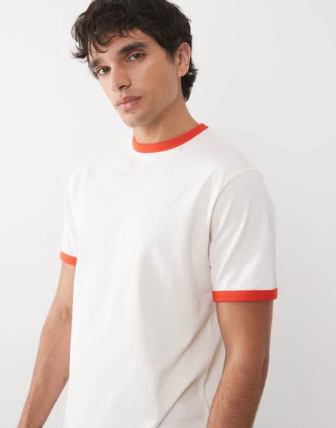 ASOS DESIGN – Kremowy T-shirt o regularnym kroju, z kontrastową, czerwoną lamówką - view 1