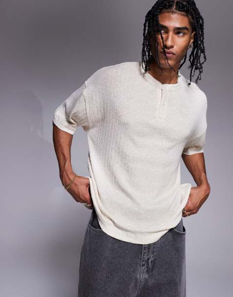 ASOS DESIGN oversized boxy henley t-shirt in cream linen look 