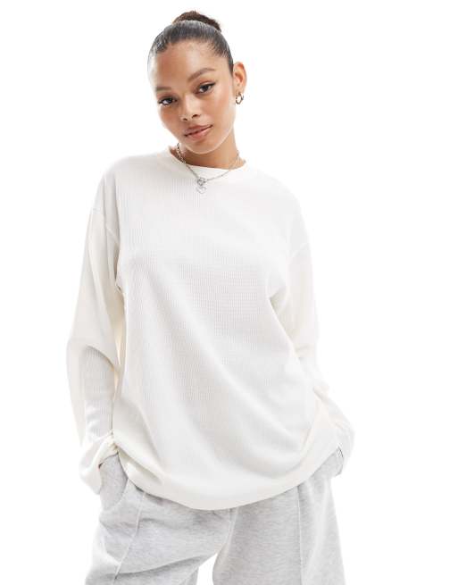 ASOS DESIGN – Kremowy T-shirt oversize z długimi rękawami o waflowej strukturze