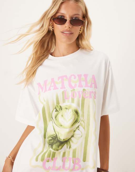 ASOS DESIGN – Kremowy T-shirt oversize z grafiką i napisem „Matcha Lovers”