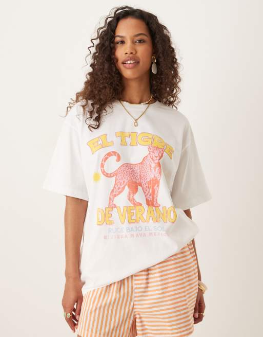 ASOS DESIGN – Kremowy T-shirt oversize z grafiką z różowym tygrysem, 4 z 4
