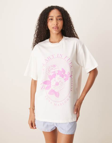 ASOS DESIGN oversized t-shirt with lilac flower graphic in cream