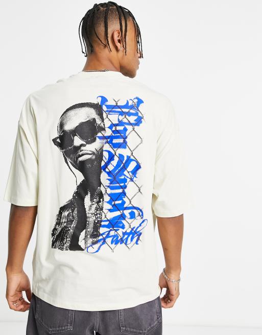 ASOS DESIGN – Kremowy T-shirt oversize z nadrukiem Popa Smoke'a na plecach