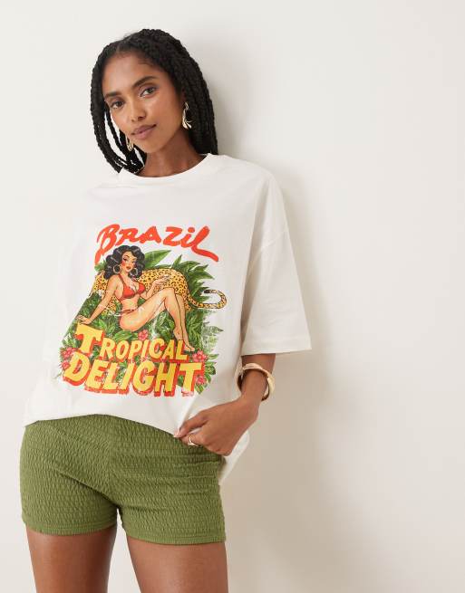 ASOS DESIGN – Kremowy T-shirt oversize z tropikalną grafiką z panterą