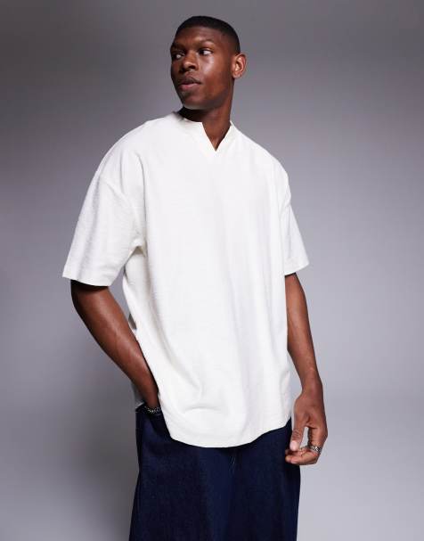 ASOS DESIGN – Kremowy T-shirt oversize z wycięciem przy dekolcie i lnianym wyglądzie - view 1