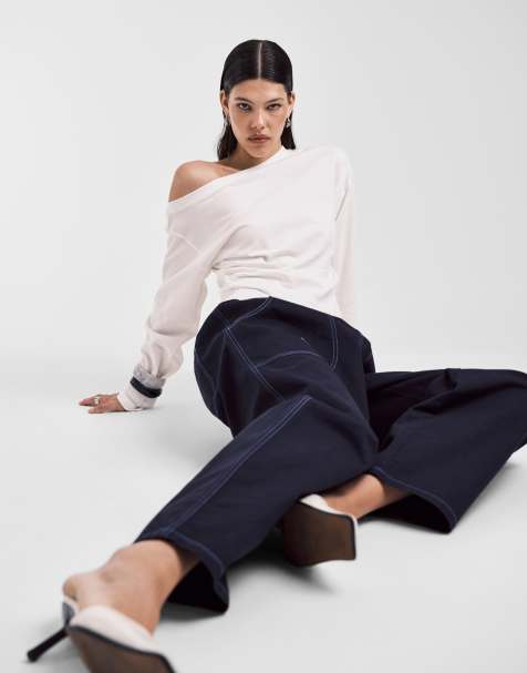 ASOS DESIGN long sleeve off shoulder corset waist tee in cream