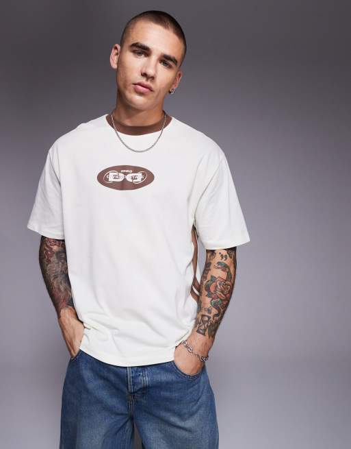 ASOS DESIGN – Kremowy T-shirt z piki o luźnym pudełkowym fasonie ze wstawkami i nadrukiem graficznym