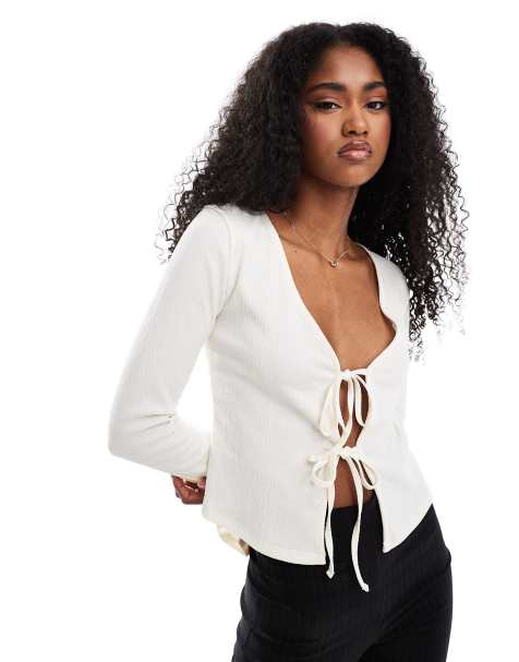 ASOS DESIGN texture tie front top with flute sleeve in cream