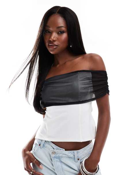 ASOS DESIGN – Kremowy top z dekoltem bardot z czarną, kontrastową siateczką - view 1