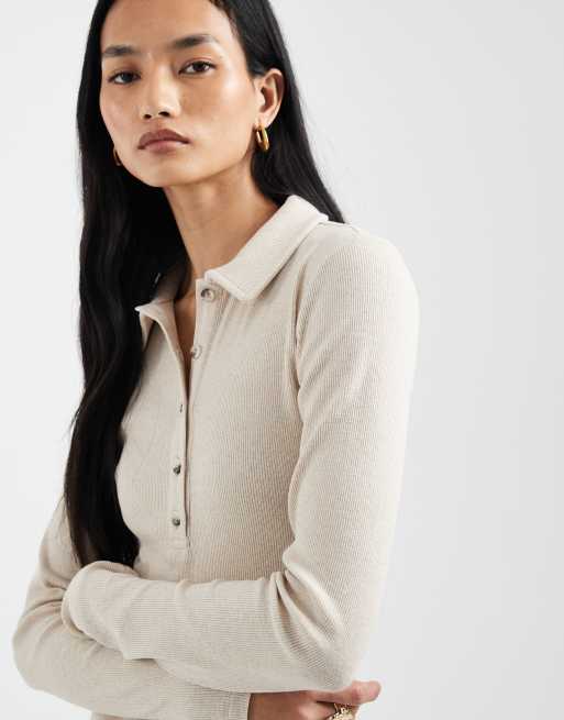 ASOS DESIGN – Kremowy top z długim rękawem i kołnierzykiem, 3 z 4