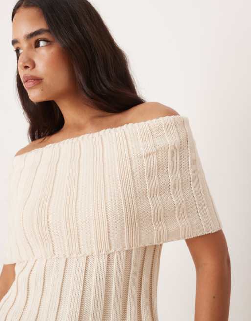ASOS DESIGN – Kremowy top z prążkowanej dzianiny z luźnym dekoltem, 2 z 4