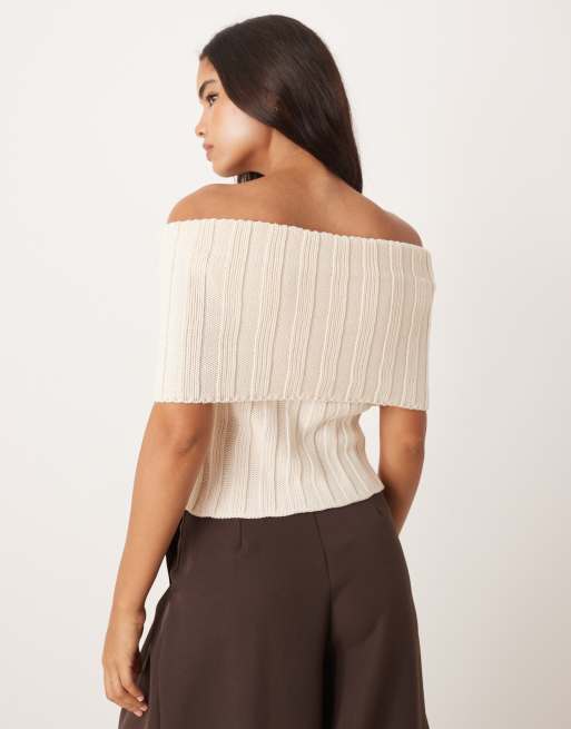 ASOS DESIGN – Kremowy top z prążkowanej dzianiny z luźnym dekoltem, 4 z 4
