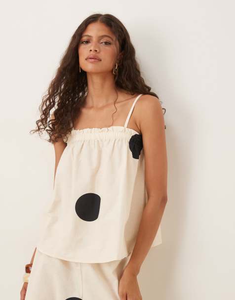 ASOS DESIGN linen blend trapeze cami top in cream polka dot co ord