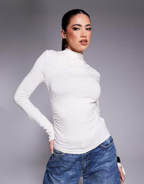 ASOS DESIGN gathered detail high neck top with thumb holes in cream
