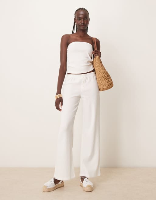 ASOS DESIGN – Kremowy zestaw o waflowej strukturze: top o wydłużonym fasonie z dekoltem bandeau i spodnie