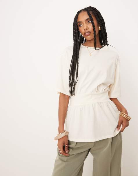 ASOS DESIGN – Kremowy zwężany w talii T-shirt oversize - view 1