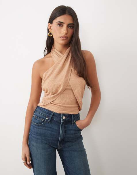 ASOS DESIGN krinklad korsad halterneck-topp i kamelfärg - view 1