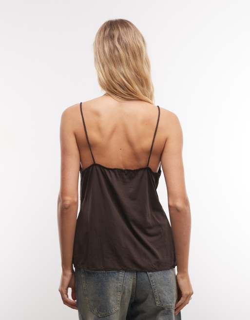 ASOS DESIGN krøllet cami med blondedetalje i mørkebrun, 4 af 4