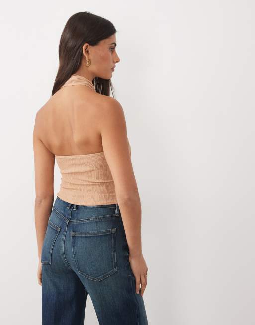 ASOS DESIGN krøllet crossover halterneck-top i camel, 3 af 4