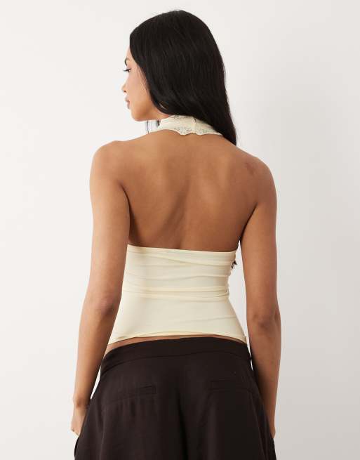 ASOS DESIGN - Kærnemælksgul tætsiddende top med halterneck og blondekant, 4 af 4
