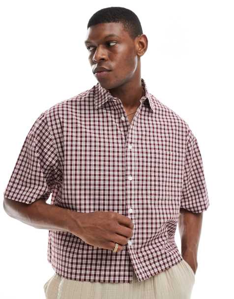 ASOS DESIGN – Krótka koszula oversize w bordową kratkę - view 1