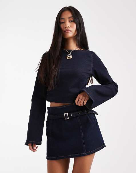 ASOS DESIGN denim micro mini skirt with skinny belt in indigo