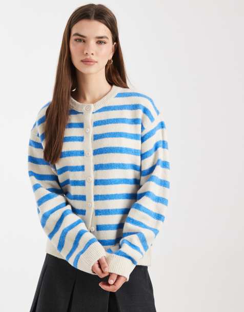 ASOS DESIGN – Krótki dzianinowy kardigan w paski w kolorze niebieskim i ecru z okrągłym dekoltem - view 1