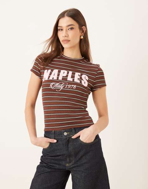 ASOS DESIGN – Krótki i obcisły T-shirt w paski z grafiką „Naples” - view 1