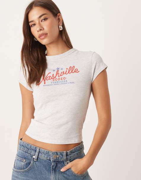 ASOS DESIGN – Krótki i przylegający T-shirt w jasnoszarym melanżowym kolorze z nadrukiem „Nashville” w kowbojskim stylu - view 1