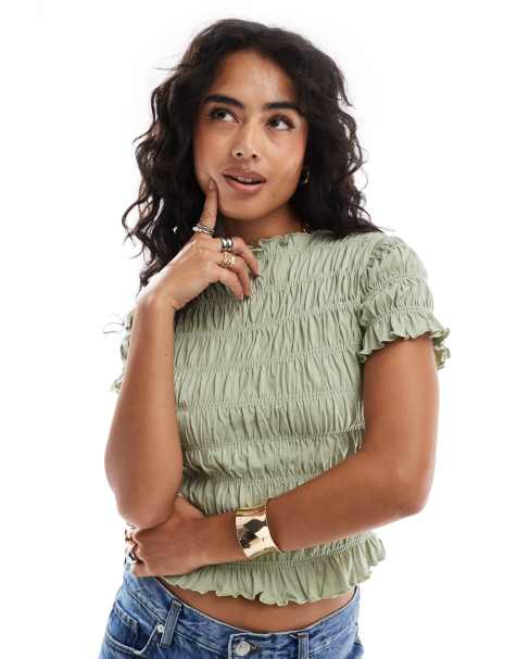 ASOS DESIGN shirred baby tee co ord in sage green