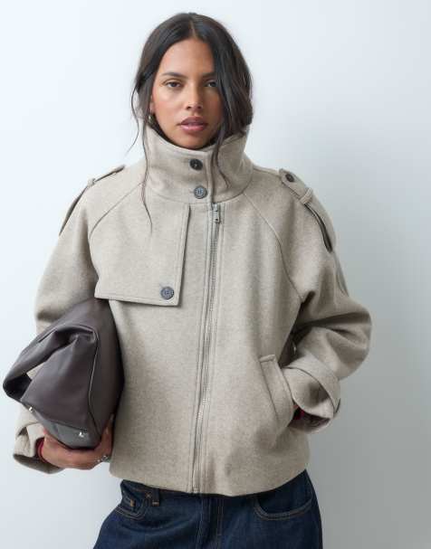 ASOS DESIGN krótki płaszcz formalny z golfem i pelerynowym fasonem w kolorze oatmeal - view 1
