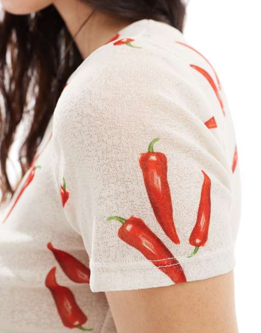 ASOS DESIGN – Krótki siateczkowy T-shirt we wzór w papryczki chilli, 3 z 4