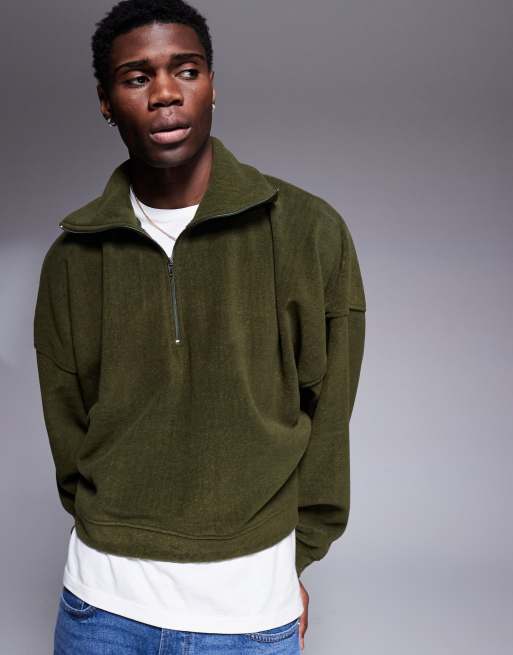 ASOS DESIGN – Krótki sweter o kroju extreme oversize z polaru w kolorze khaki z suwakiem pod szyją 