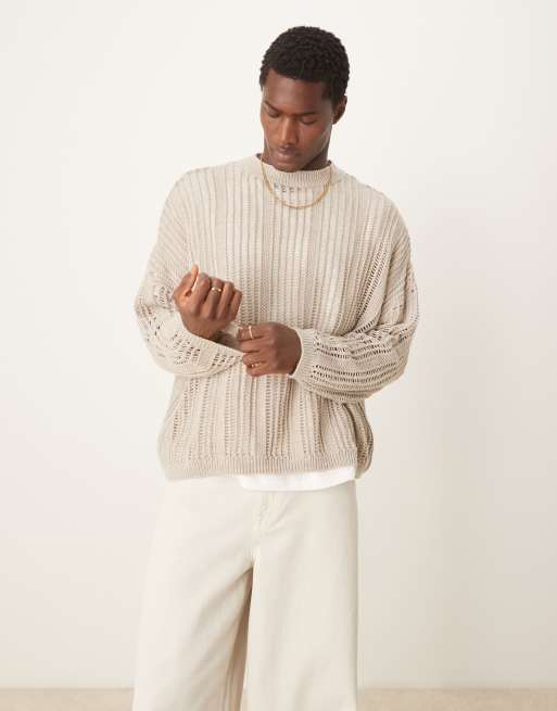 ASOS DESIGN – Krótki sweter oversize z dzianiny o drabinkowym splocie w kolorze ecru 