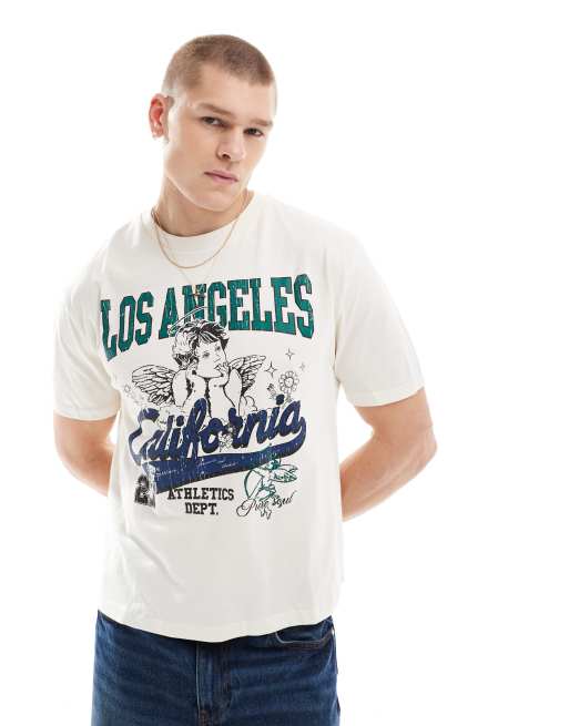 ASOS DESIGN – Krótki T-shirt o luźnym kroju w kolorze złamanej bieli z nadrukiem „Los Angeles” z przodu