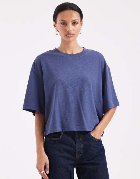 ASOS DESIGN – Krótki T-shirt o pudełkowym kroju z fakturowanego dżerseju w zgaszonym kolorze niebieskim - view 1