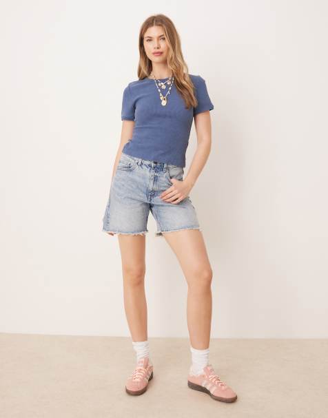 ASOS DESIGN – Krótki T-shirt o waflowej fakturze w spranym granatowym kolorze - view 1