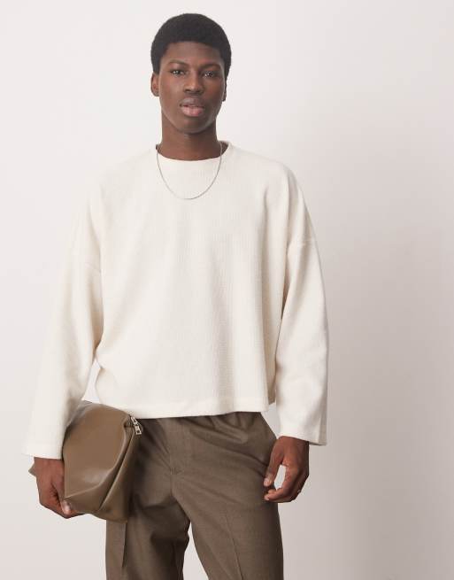 ASOS DESIGN – Krótki T-shirt super oversize z długimi rękawami w kolorze złamanej bieli o waflowej strukturze