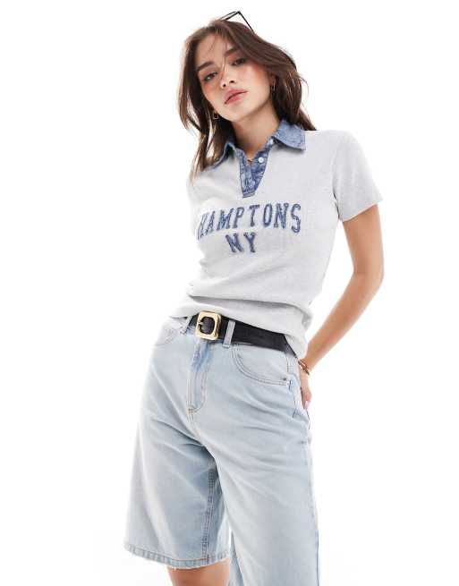ASOS DESIGN – Krótki T-shirt w stylu rugby w szarym melanżowym kolorze z jeansową aplikacją z napisem „Hamptons”