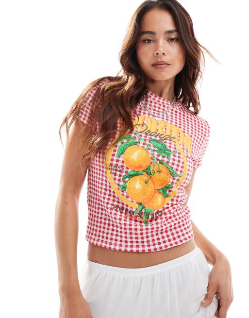 ASOS DESIGN – Krótki T-shirt z grafiką w kratkę vichy i pomarańcze z napisem Florida