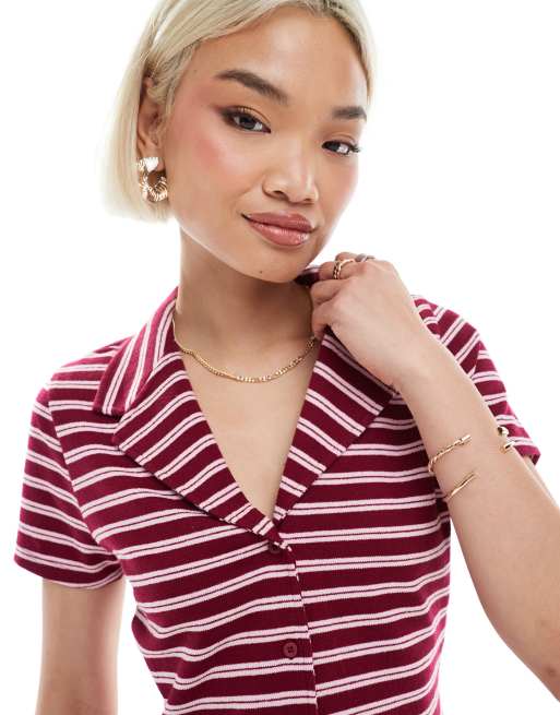 ASOS DESIGN - Krympet skjorte med reverskrave, tekstur og bordeaux striber - Del af sæt, 2 af 4